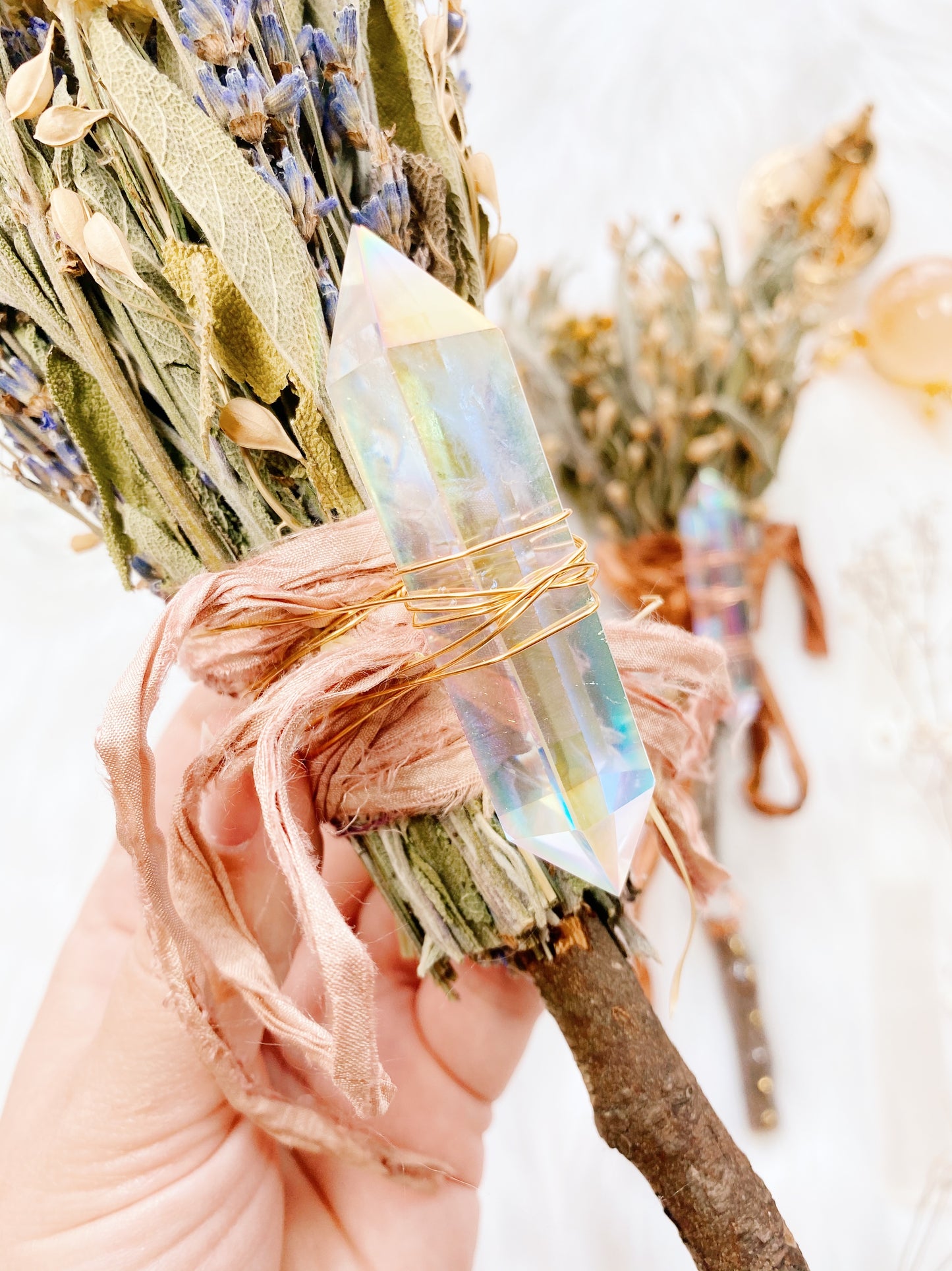 DT Aura Quartz Botanical Wand/ Besom Broom